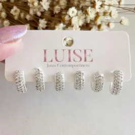 Brinco Trio Argola Cravejada c/ 3 Fileiras de Zirconias