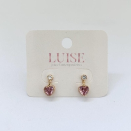 Brinco Pendente Coração Cravejado Rosa