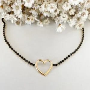 Colar Chocker Bolinhas Pretas e Coração