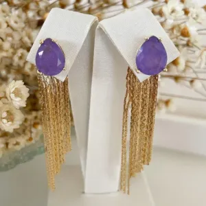 Brinco Gota Pedra Fusion com Franja