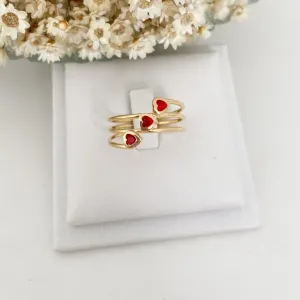 Anel Tres Corações Vermelhos