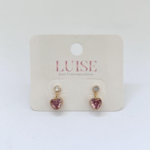 Brinco Pendente Coração Cravejado Rosa