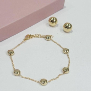 Conjunto Pulseira e Brinco Esfera Achatada