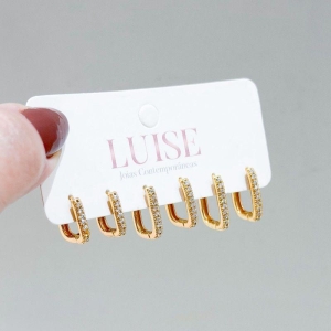 Brinco Trio Quadrado Cravejado Ouro