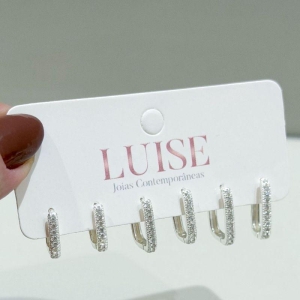 Brinco Trio Quadrado Cravejado Prata