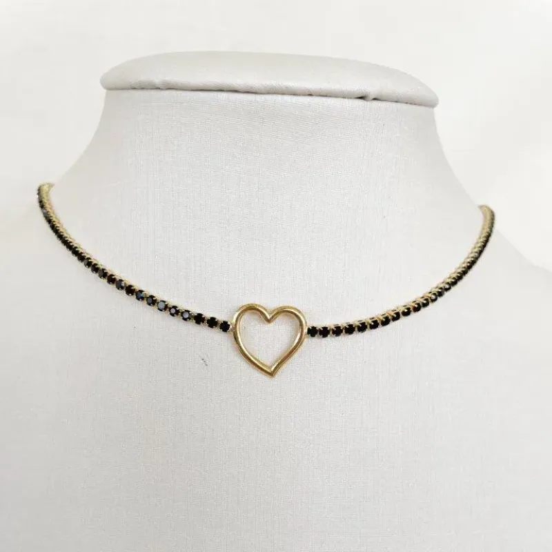 Colar Chocker Bolinhas Pretas e Coração