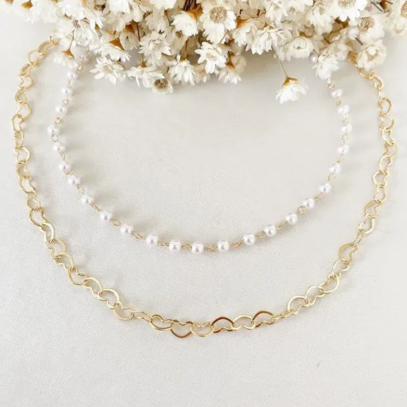 Colar Chocker Duplo Coração e Perolas