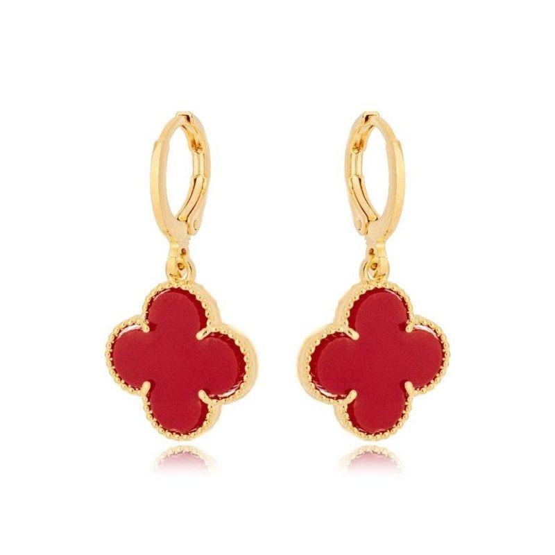 Brinco Argola Trevo Vermelho Ouro