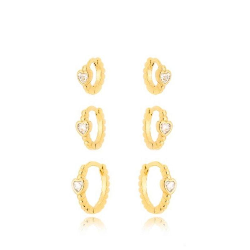 Brinco Trio Argola Coração Zirconia