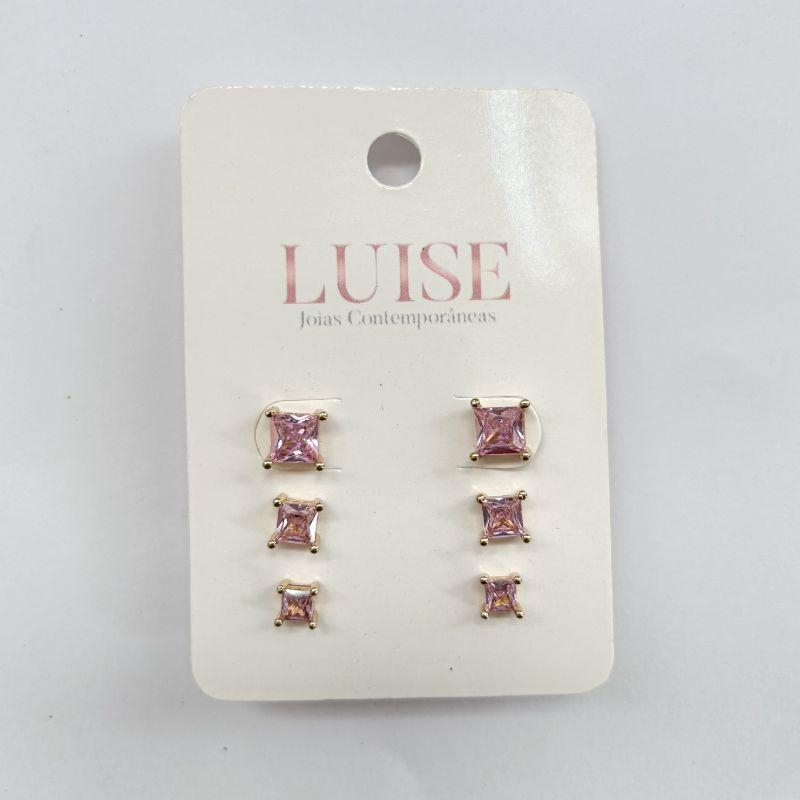Brinco Trio Zirconia Quadrada Ouro