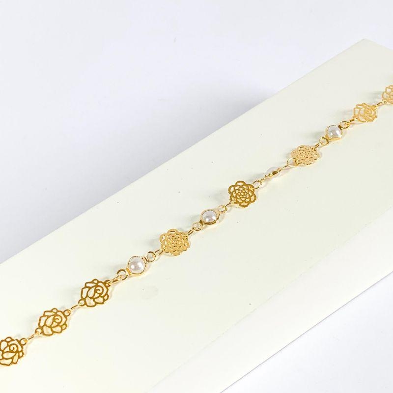 Pulseira Flor e Perola Ouro