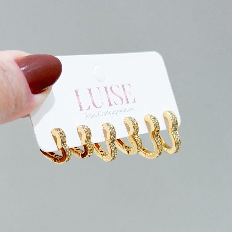 Brinco Trio Coração Cravejado Ouro