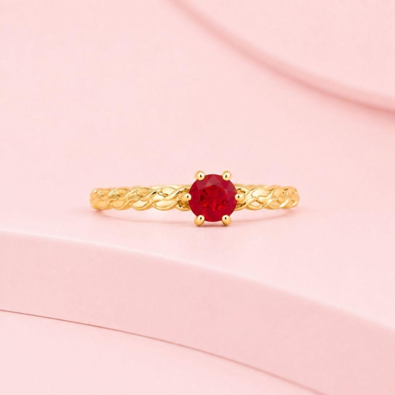Anel Ponto Luz Vermelho 6 Garras Aro Trançado Ouro