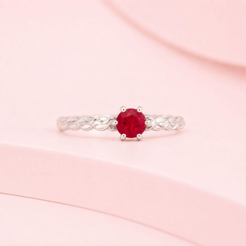 Anel Ponto Luz Vermelho 6 Garras Aro Trançado Prata