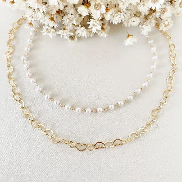 Colar Chocker Duplo Coração e Perolas
