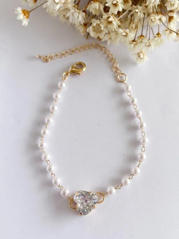 Pulseira Perola e Coração Zirconia