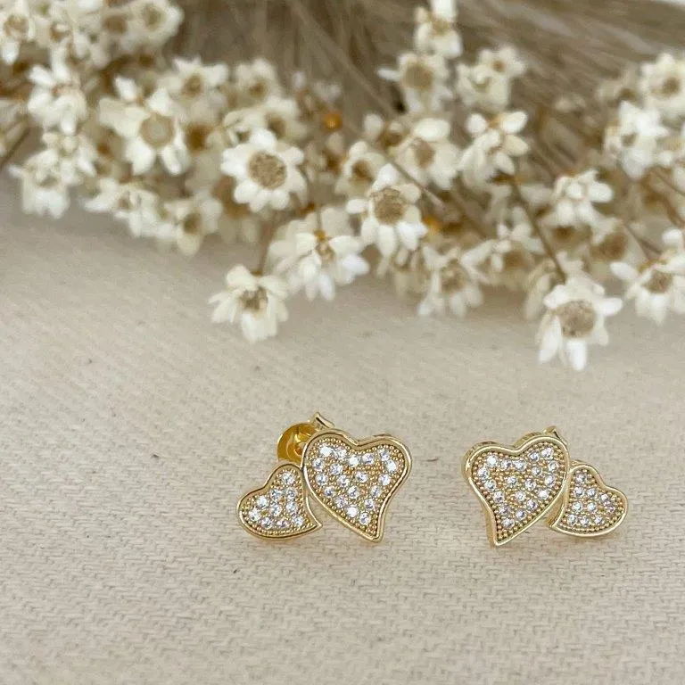 Brinco Corações Cravejados Cristal