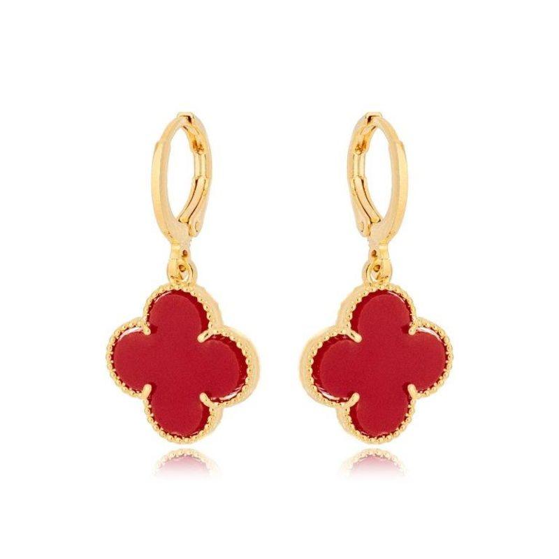 Brinco Argola Trevo Vermelho Ouro