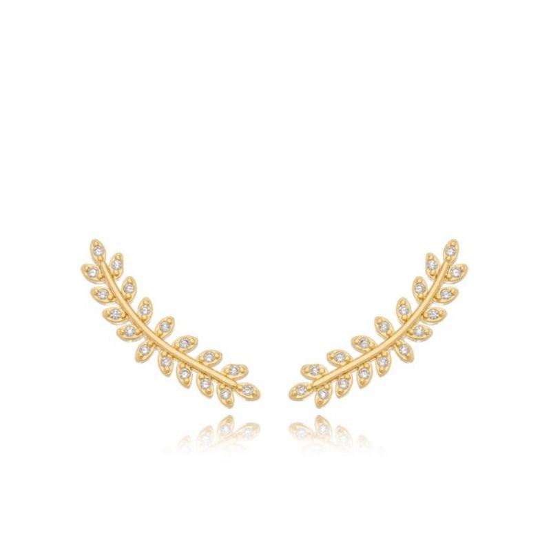 Brinco Ear Cuff Folhas Cravejadas Ouro