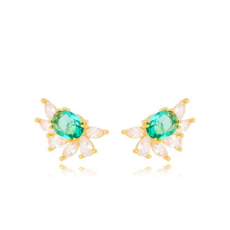 Brinco  Meia Flor c/ Cristais Verde Claro