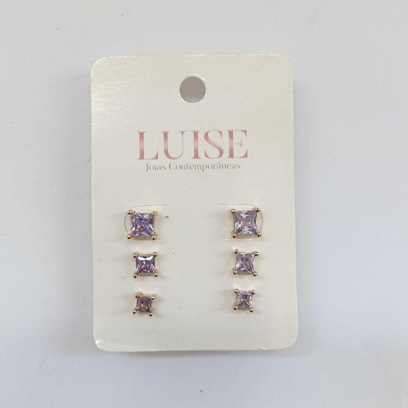 Brinco Trio Zirconia Quadrada Ouro