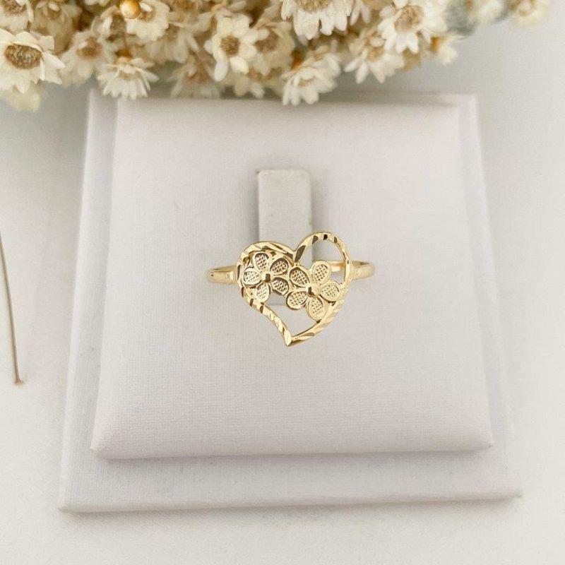 Anel Coração c/ Duas Flores ao Centro