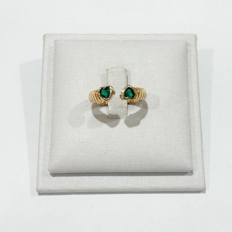 Anel Dois Corações Verde Ajustavel