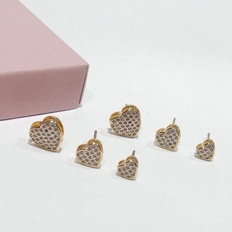 Brinco Trio Coração Cravejado Lilas