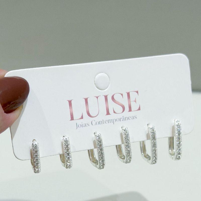 Brinco Trio Quadrado Cravejado Prata