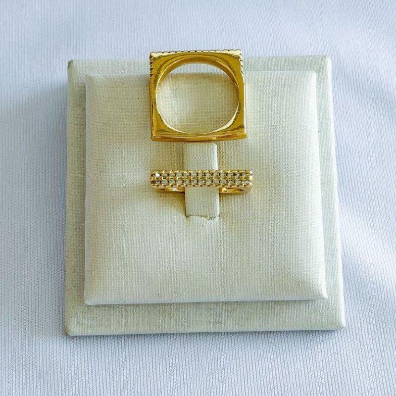 Anel Quadrado Fileira Dupla Zirconias Ouro