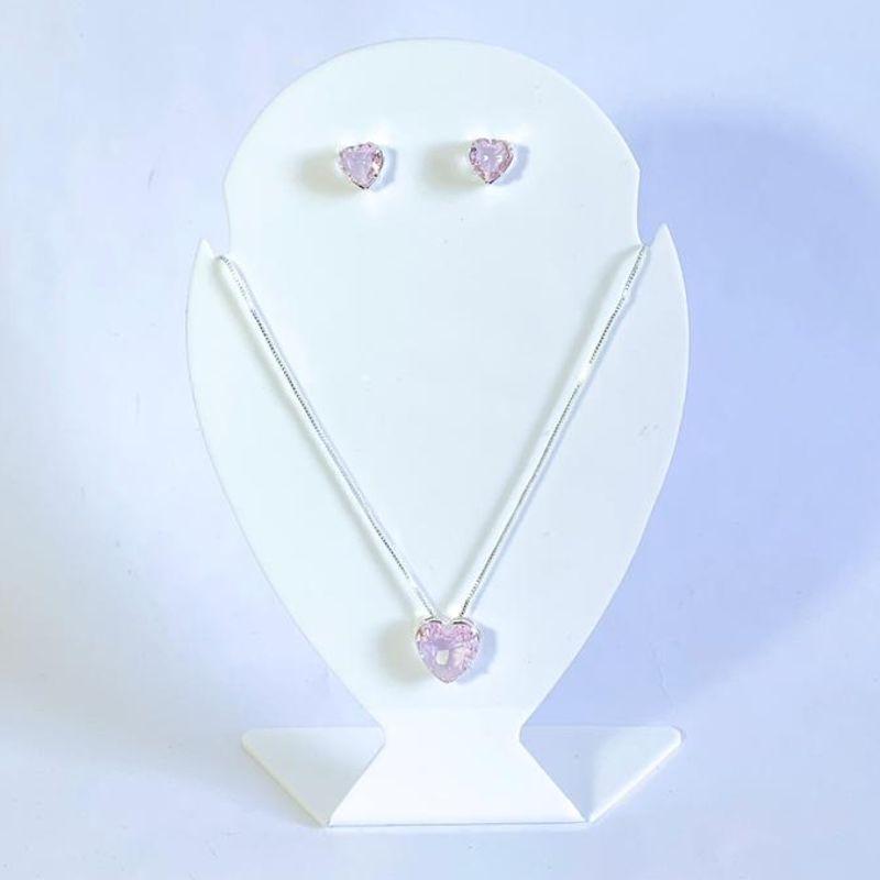 Conjunto Coração Rosa Prata