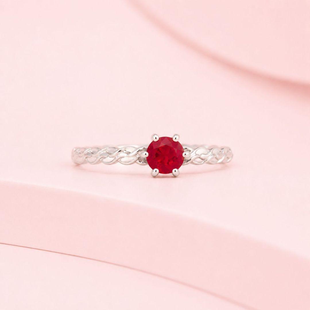 Anel Ponto Luz Vermelho 6 Garras Aro Trançado Prata